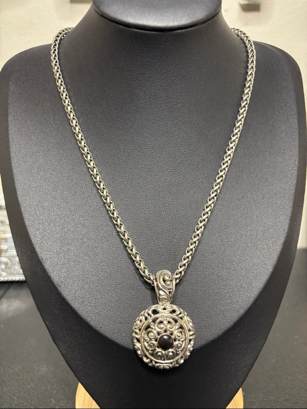 Premier Designs Silver-Tone Filigree Pendant Necklace with Black Stone Jewelry